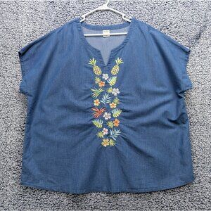 Blair Floral Embroidered Denim Top Womens 2XL Short Sleeve Pineapple Blue